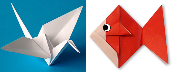 Оригами журавлика и рыбы
